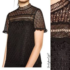 ZARA Guipure Lace MockNeck SheerBack Top Blouse XS